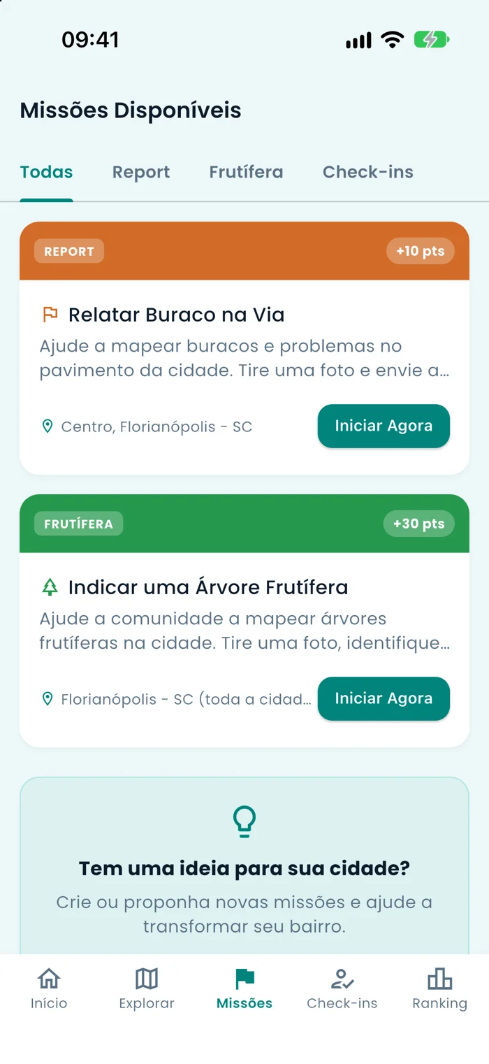 Tela de missões disponíveis